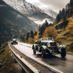 Poster - A vintage car rally through scenic mountains.