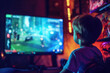 Children playing video games with LED television sitting on the floor in the room at night.