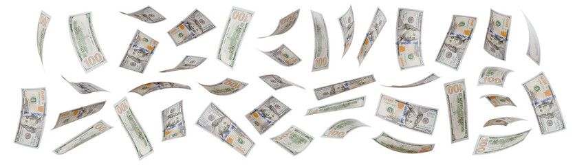 Wall Mural - Variety of Falling One Hundred Dollar Bills Isolated. Transparent PNG.