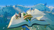 Maria And Joseph Walking On The Book Of Bible With Donkey With Ancient Israel Themed Background. Gospel Of Luke, Christmas Nativity In The Bible And Sheeps. Low Poly 3d Illustration. 