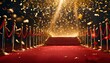 金色の紙吹雪が落ちるレッドカーペット、授賞式、背景｜Red carpet with falling golden confetti. Award ceremony, background. Generative AI