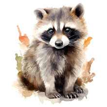 Watercolor Raccoon, Isolated On Transparent Background.
