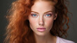 Beautiful red-haired model with sophisticated daytime makeup, close-up. content for beauty salons and fashion magazines.Young red-haired woman with clear skin, freckles and voluminous hair 