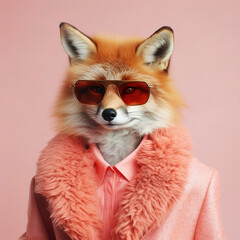 Wall Mural - Fashion fox in faux fur jacket. Trendy color of the year 2024 Peach Fuzz