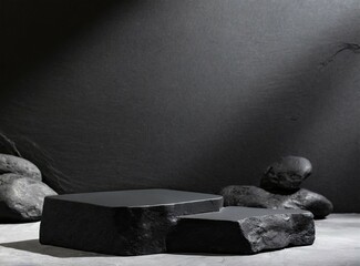 Wall Mural - Stone rock podium with black background for product display.