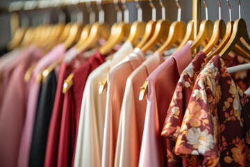 Clothes with hangers on the rack in a boutique shop background.