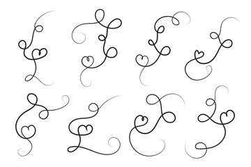 hand-drawn thin line heart swirl ornate, wavy line decorative hearts, calligraphy heart swirl Flourish ornament, outline doodle love Valentine Day design elements, continuous line swirl hearts