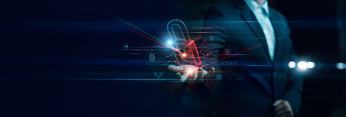 Poster - Cyber security, Businessman hold digital padlock and Login verified identity credentials on network of data protection technology, Business data privacy, Protect and Against cyber attack.