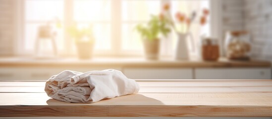 Wall Mural - Defocused laundry with wooden table in front.