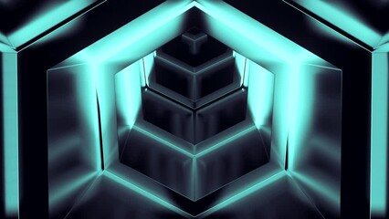 Poster - Exiting cyber tunnel. Design. Hexagonal 3D tunnel with neon lines and metal surface. Reverse movement in cyber tunnel
