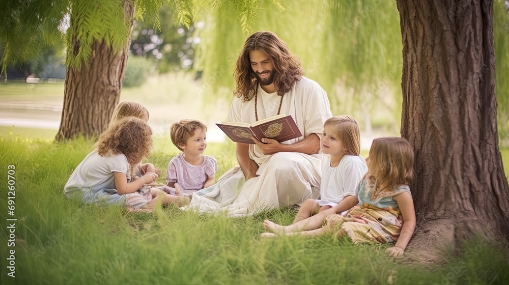 jesus-sitting-in-clearing-under-tree-reading-book-and-smiling-with