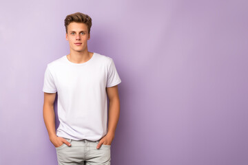 Wall Mural - Mockup tshirt for design. Portrait of confident young man in short blonde hair wear blank white T-Shirt.