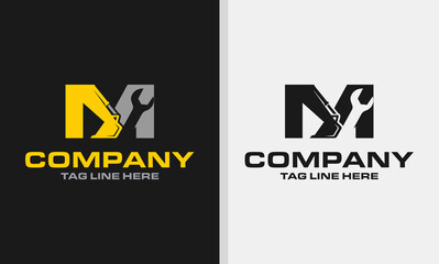 Letter M excavator logo template vector. wrench. Heavy equipment logo vector for construction company. Creative excavator illustration for logo template.