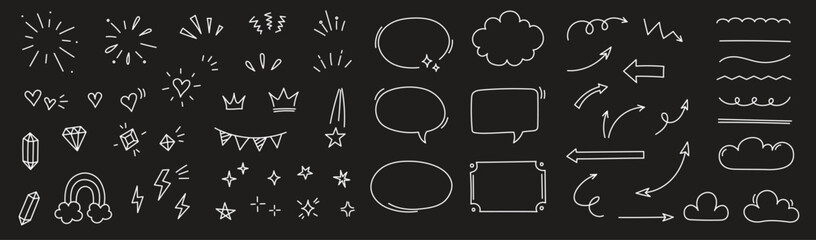 Aufkleber - Sketch line arrow element, star, heart shape on chalkboard background. Hand drawn doodle sketch style circle, cloud speech bubble grunge element. Arrow, star, heart decoration. Vector illustration