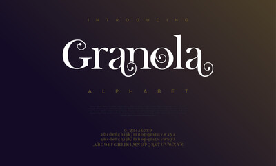 Leinwandbilder - Granola premium luxury elegant alphabet letters and numbers. Elegant wedding typography classic serif font decorative vintage retro. Creative vector illustration