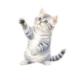 A playful grey kitten waving its paw in a realistic portrait style