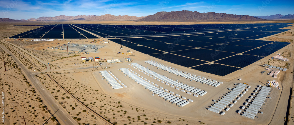 Aerial view of solar power and battery storage units in the desert ...