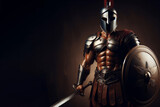 Fototapeta  - A spartan warrior in armor with shield and sword, antique Greek military, muscular ancient soldier