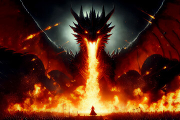 Wall Mural - Fire breathes explode from a dark giant dragon in a black night