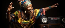 A Joyful Elderly Black Woman, Wearing Traditional African Clothing, Dances While Holding An Old Stereo - Highlighting Her Expression.