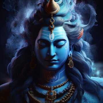 Shiva portrait, hindu god, hinduism deity with blue skin, Generative AI