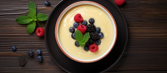 Poster - Vanilla pudding with berries on wooden table, top view.