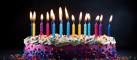 Poster - Celebrating a milestone, a child's birthday with colorful flaming candles on a cake.