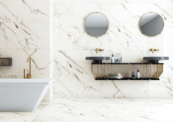 Modern white marble bathroom interior with window view and equipment. Design, style and real estate concept. 3D Rendering