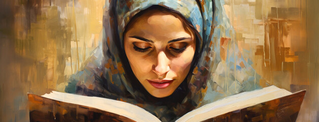 Wall Mural - A woman in a mosque reads the holy book Koran. Faith. Muslim traditions.