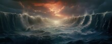 Ocean Opening In Biblical Event Of Moses. Opening Of The Red Sea. 3D Illustration Rendering. Generative AI