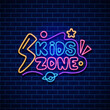 Kids Zone neon sign board. Children's play zone in neon light style on wall brick vector illustration