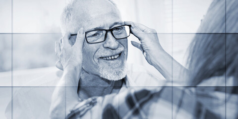 Senior man testing new eyeglasses, light effect, geometric pattern