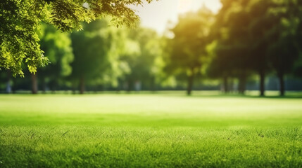 Green lawn and trees background with copyspace. Nature background concept. Generative AI