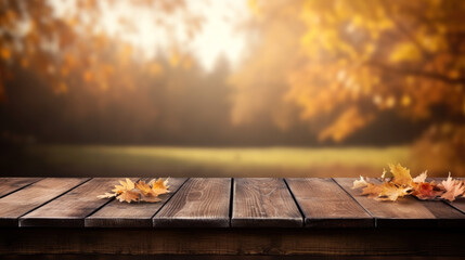 Poster - Empty wooden table with autumn background