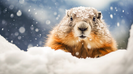 Wall Mural - A cute, fluffy marmot crawled out of its hole among the white snow on a sunny day.