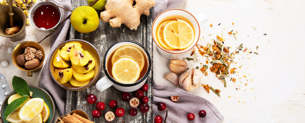 Wall Mural - Hot drinks with honey, lemon and ginger for remedy.