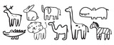 Fototapeta Pokój dzieciecy - Collection of cute baby animals. Deer, elephant, crocodile, giraffe, bunny, lion, camel, hippo, zebra. Hand drawn outline vector illustration on white background. Children art.