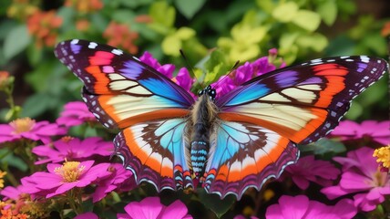 Wall Mural - A very beautiful colorful butterfly with spread wings on a garden background from Generative AI