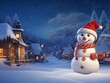 © MAHBUBULALAM - Snowman in the village on Christmas night. 3D illustration. Winter background. Merry Christmas and Happy New Year