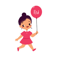 Poster - Cheerful Girl with Red Color Balloon Walking Vector Illustration