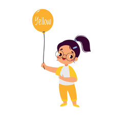 Poster - Cheerful Girl with Yellow Color Balloon Standing Vector Illustration