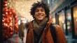 Portrait of a smiling hispanic young man in the street with Christmas lights at the background, bokeh lights out of focus, winter festive candid shot, guy smile under snow