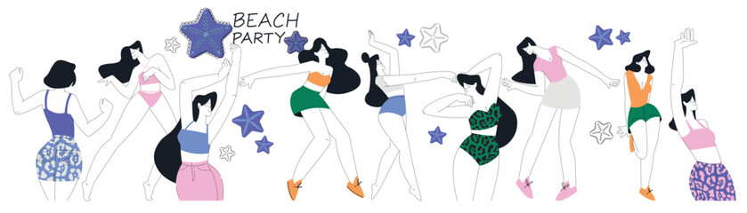 Sticker - Woman Character Dance Happily at Beach Party Vector Illustration