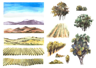 Watercolor landscape with grape fields, vineyards, bushes, trees, hills, sky and mountains. Constructor assemble yourself, winemaking template label Hand draw illustration isolated white background. 