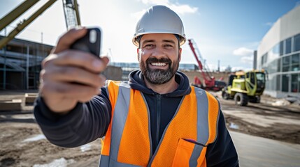 Wall Mural - A Civil engineer takes a selfie standing near a construction site with a tower crane in the background.