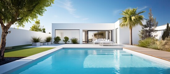 Wall Mural - Contemporary pool in fresh white home's backyard.