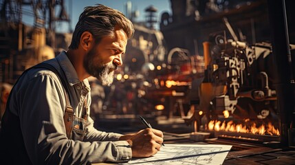 Poster - Worker engineer works with drawings and equipment thinks analyzes, concept engineering construction and mental work
