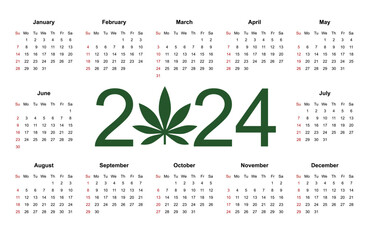 Wall Mural - Marijuana calendar for 2024. Medical Cannabis. Simple Vector Template. Isolated vector illustration on white background.