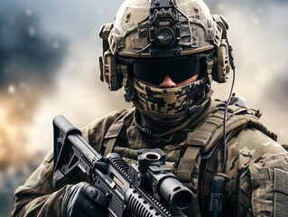 United States Army Special forces soldier in uniform and helmet with assault rifle