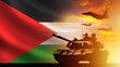 Palestinian armed forces. Tank and planes at sunset. Army of Palestinian republic. Silhouette of tank under evening sky. Military equipment of Palestine. Aircraft for war in Gaza sector. 3d image